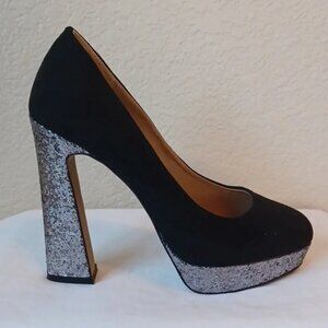 Elle Black Faux Suede Silver Glitter Sparkle Platform Pump, Perry, Womens Size 6